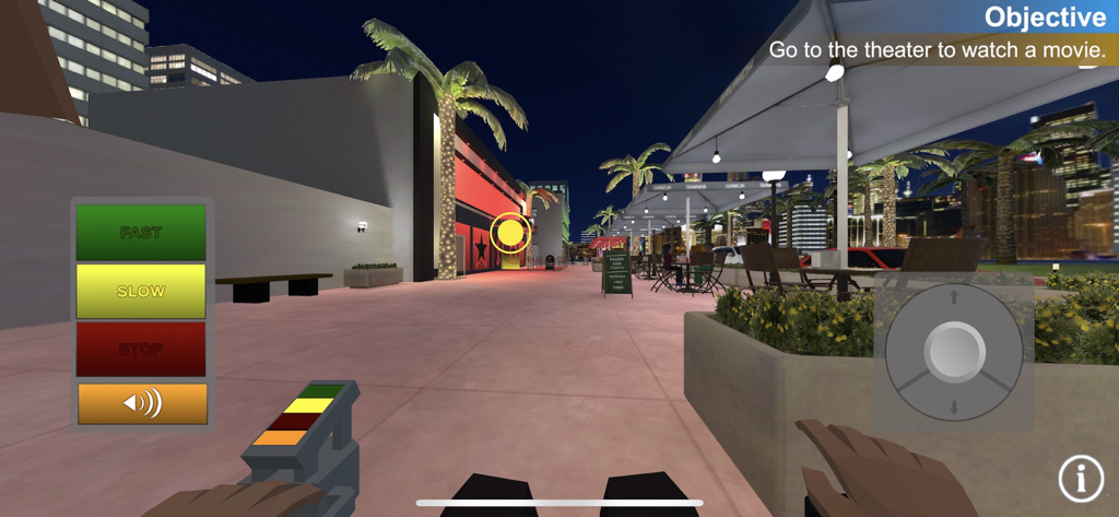 Wheelchair Mobility Experience - First-person view of navigating a motorized wheelchair on a city sidewalk at night