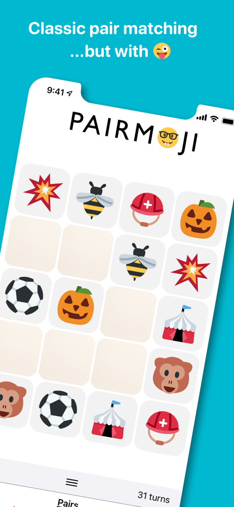 Pairmoji app interface showing a classic pair matching game with emoji cards