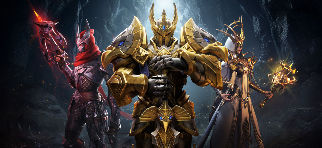 Three heroic characters from the game Dungeon Hunter 6 in high quality armor standing in a dark dungeon