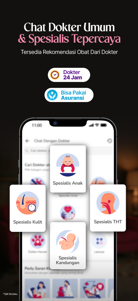 Halodoc app interface displaying 24/7 doctor chat options and various medical specialties like pediatrics and dermatology