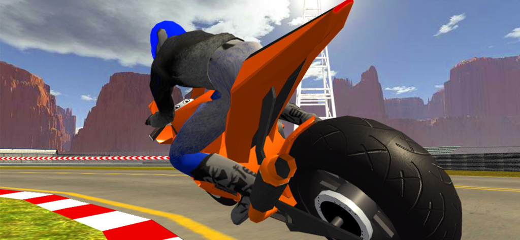 Orange motorcycle racing on a track with mountain views in Real Bike Racing Game
