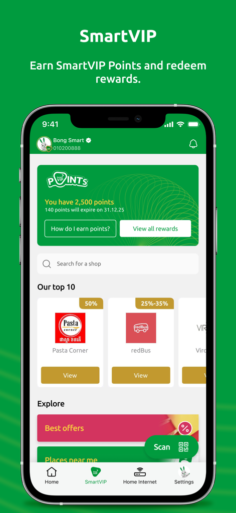 SmartNas - SmartNas app interface showing SmartVIP loyalty points and partner rewards