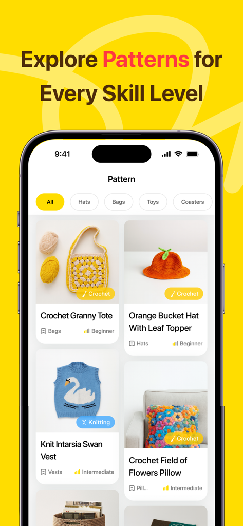 LoopCraft app interface showing a gallery of crochet and knitting patterns for various skill levels including bags hats and vests