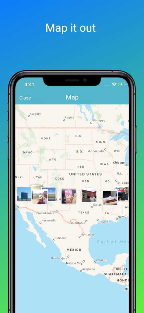 Tripcast app screenshot showing vacation photos pinned to their locations on a map of the United States.