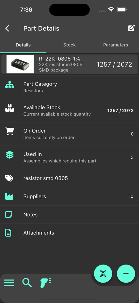 Teile-Detailansicht in der InvenTree-App, die Lagerbestände und Lieferanteninformationen für einen Widerstand zeigt