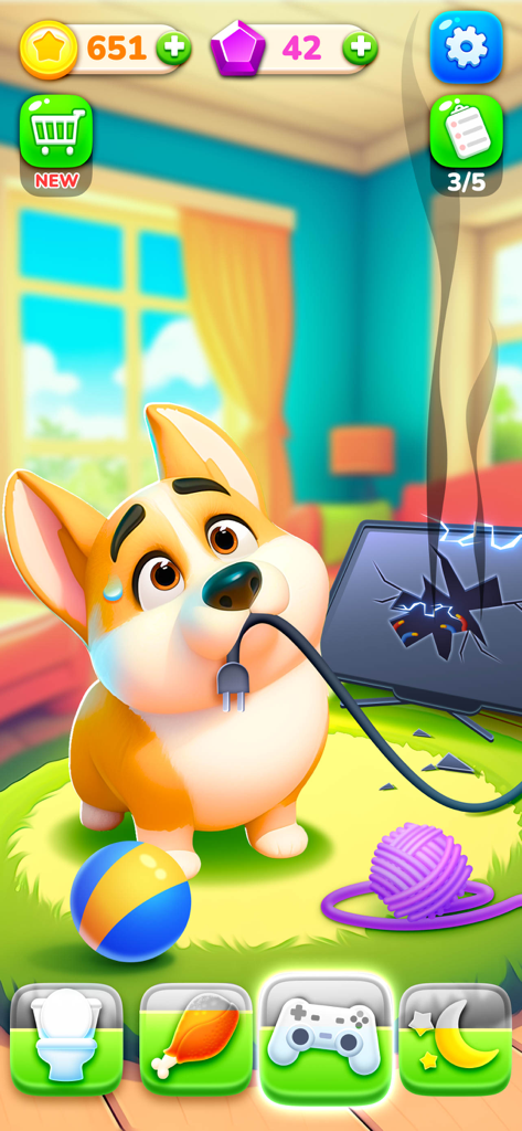 Archie, el perro virtual, sosteniendo un cable de alimentación junto a un televisor roto y humeante.