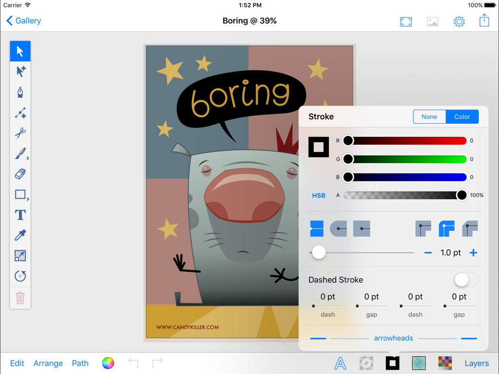inkPad 2 - Captura de pantalla de la app inkPad 2 en iPad mostrando herramientas de ilustración vectorial y configuraciones de trazo