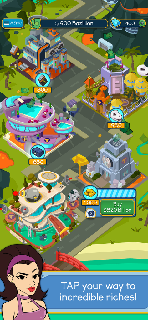 Taps to Riches - 업그레이드 가능한 건물과 '탭하여 부를 얻으세요'라는 메시지가 있는 Taps to Riches의 만화풍 도시 등축 투영 뷰