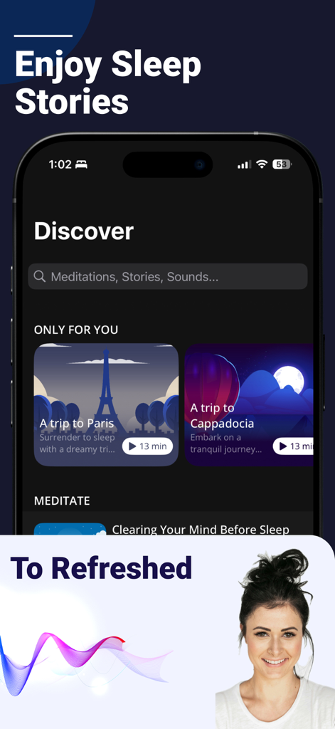 Sleep Schedule: Stop Scrolling - Interface of the Calm Cycle app showing a discovery screen with sleep stories and meditations