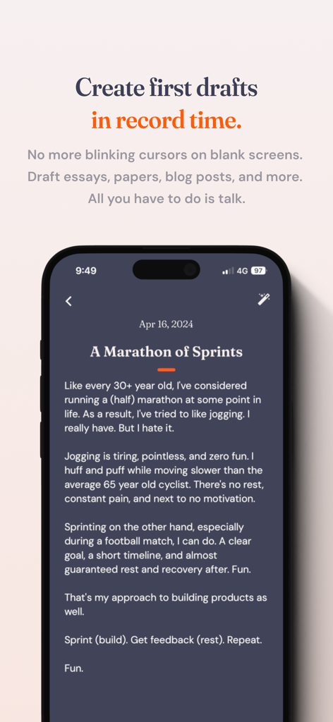 AudioPen - Benutzeroberfläche der mobilen AudioPen-App, die einen aus der Sprachaufnahme generierten Textentwurf mit der Überschrift Erstelle erste Entwürfe in Rekordzeit anzeigt