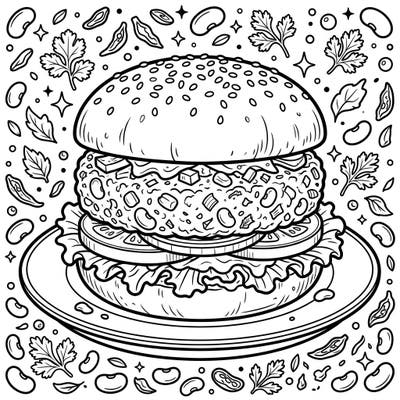 Explore the savory world of plant-based cuisine with our delightful Black Bean Burger coloring page. This intricate design offers a fun and relaxing artistic escape for food enthusiasts and coloring fans alike.