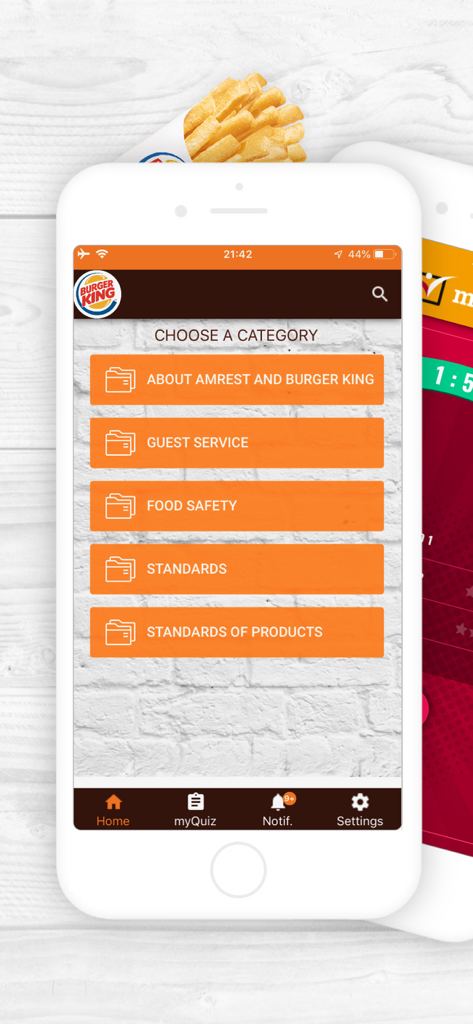 Category selection screen of the myStandards app for Burger King staff members
