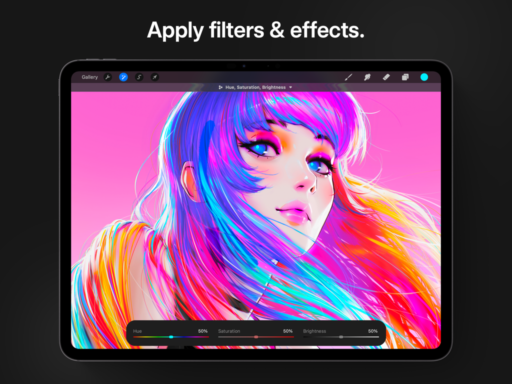 Digital illustration in Procreate on iPad showing hue and saturation adjustment tools