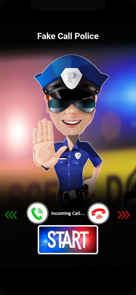 Screenshot of the Fake Phone Call From Police app interface showing a cartoon officer and incoming call buttons