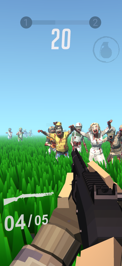 Zombie Royale - Perspectiva em primeira pessoa de um jogador atirando em zumbis low poly em um campo.