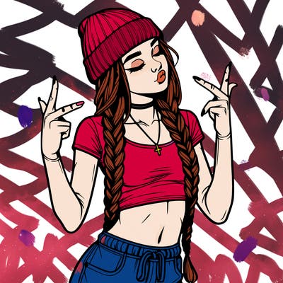 realistic teenage girl with braids and a beanie and crop top doing 🫶🏼