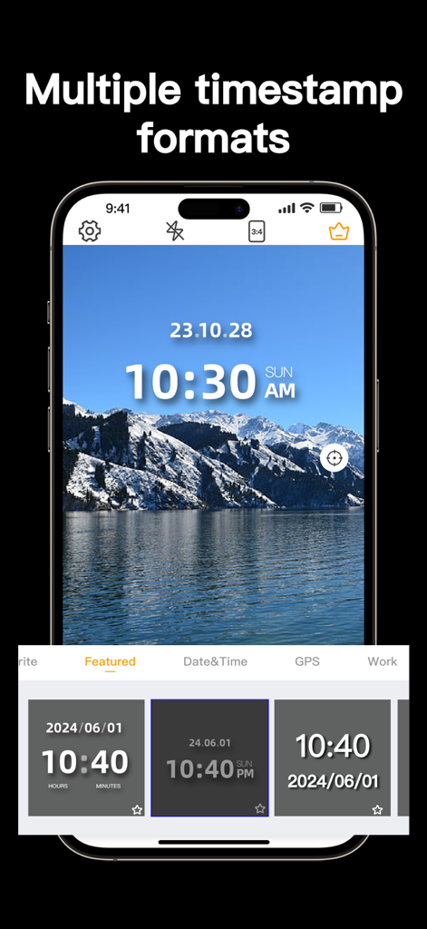 Smartphone screen showing various timestamp overlay formats over a scenic mountain and lake photo.