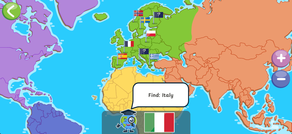 Geo Kids (Qbis Studio) - A colorful world map game for children where they are asked to find Italy