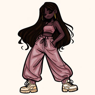 girl in baggy pants crop top and long hair