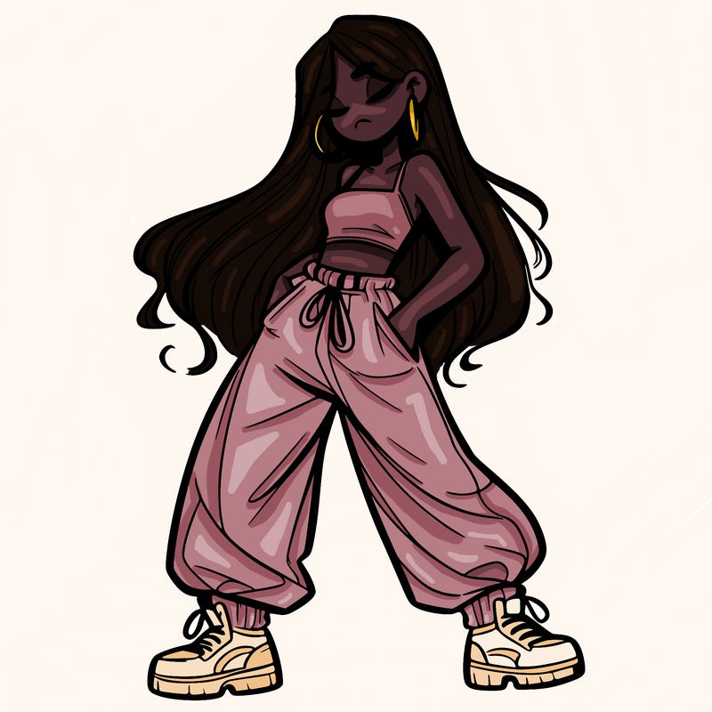 girl in baggy pants crop top and long hair