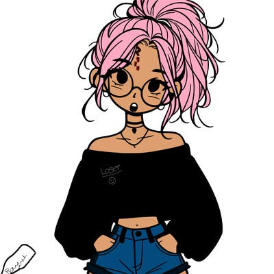 girl with a messy ponytail glasses a baggy crop top and jean shorts