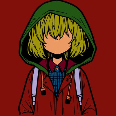 little anime girl in a raincoat her hair is covering her eyes she has a lighter