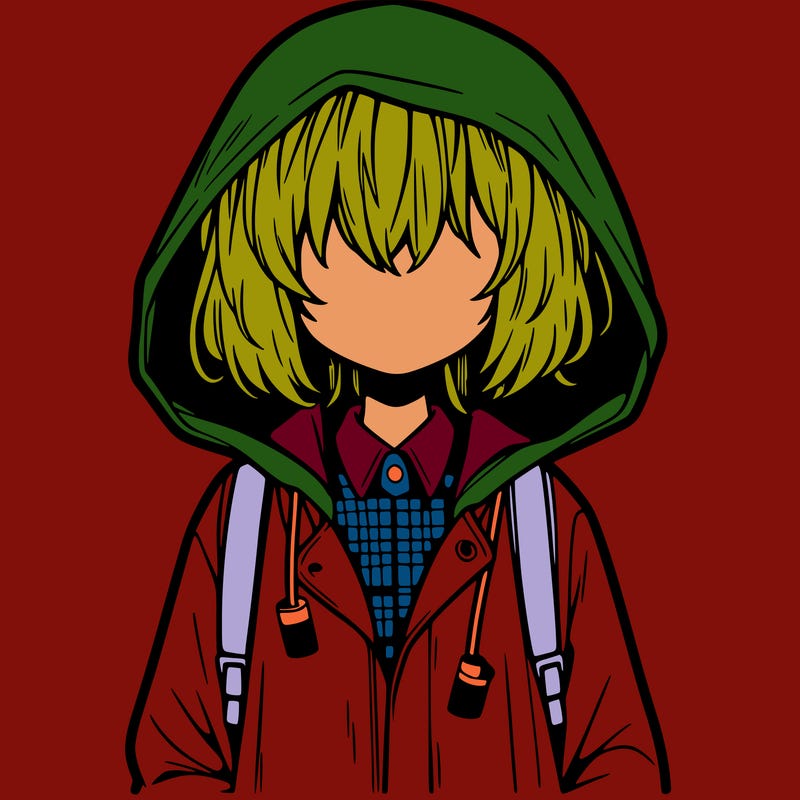 little anime girl in a raincoat her hair is covering her eyes she has a lighter