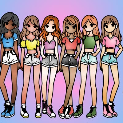 a group of girls wearing crop tops and shorts