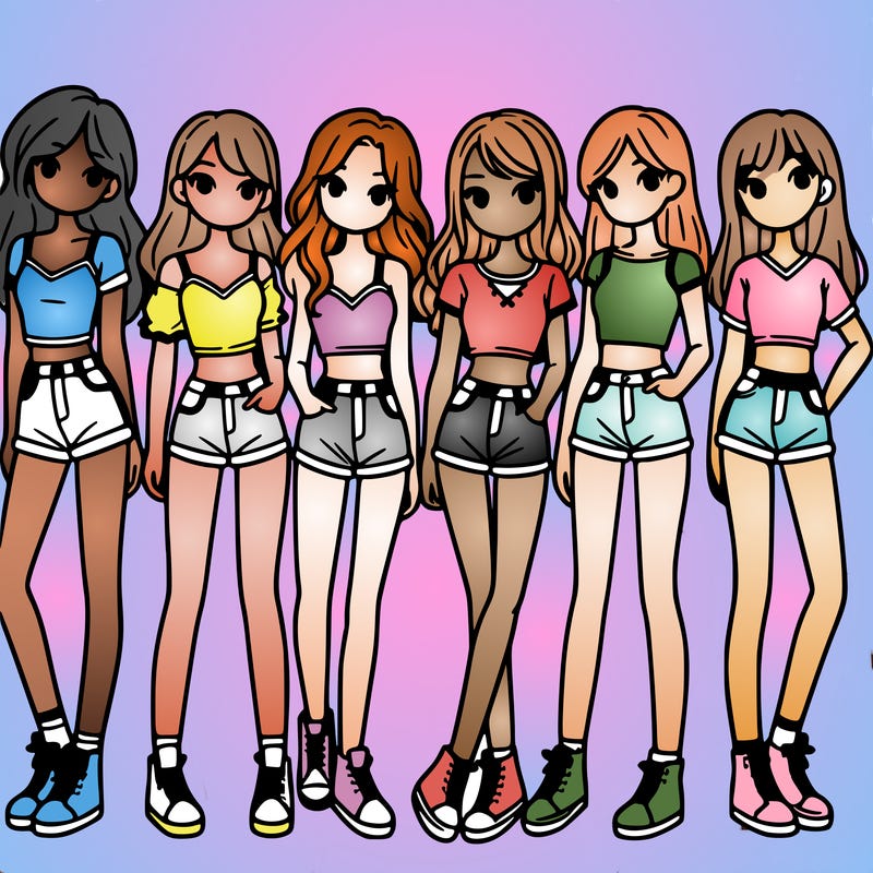 a group of girls wearing crop tops and shorts