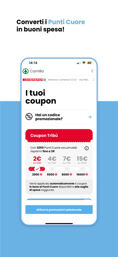 Despar Tribù - Interfaccia dell'app Despar Tribu che visualizza punti premio e coupon per la spesa disponibili