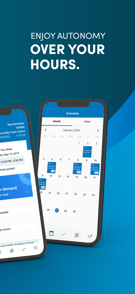 SF ESS - SF ESSモバイルアプリのインターフェース。小売業の従業員の作業スケジュールカレンダーとシフト管理画面を表示