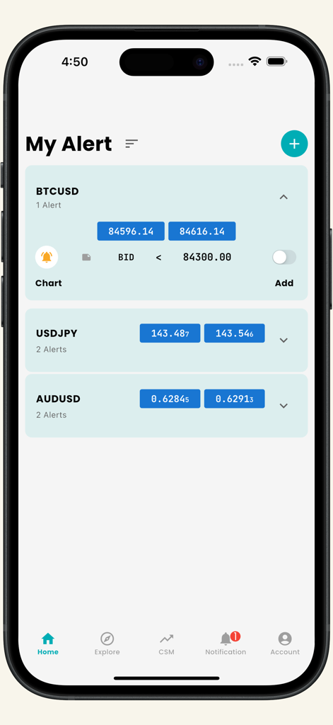 Dashboard do aplicativo Alerta de Preço Forex com notificações de Bitcoin e pares de moedas