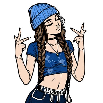 realistic teenage girl with braids and a beanie and crop top doing 🫶🏼