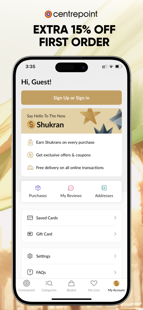 Centrepoint app guest account profile page with Shukran loyalty program details