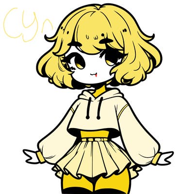 cute femboy with short, fluffy hair that softly frames their face, wearing a cropped hoodie, paired with a flouncy short skirt, and thigh-high stockings