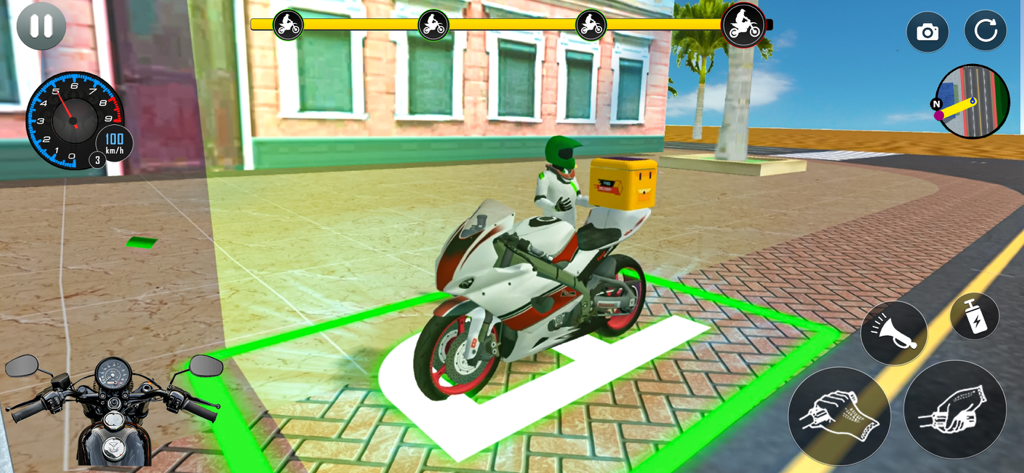 Uma moto esportiva com uma caixa de entrega amarela estacionada em uma zona verde designada em um ambiente de cidade, captura de tela de jogo de moto.