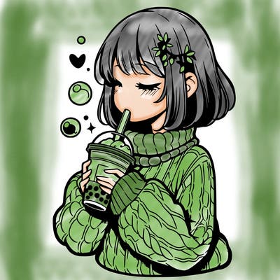 manga girl drinking boba in cozy sweater
