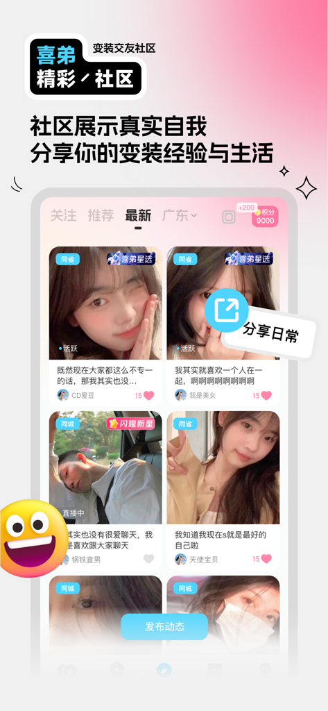喜弟-变装交友社区 - Interface of Xidi app showing user-generated posts and photos in a cross-dressing social community feed