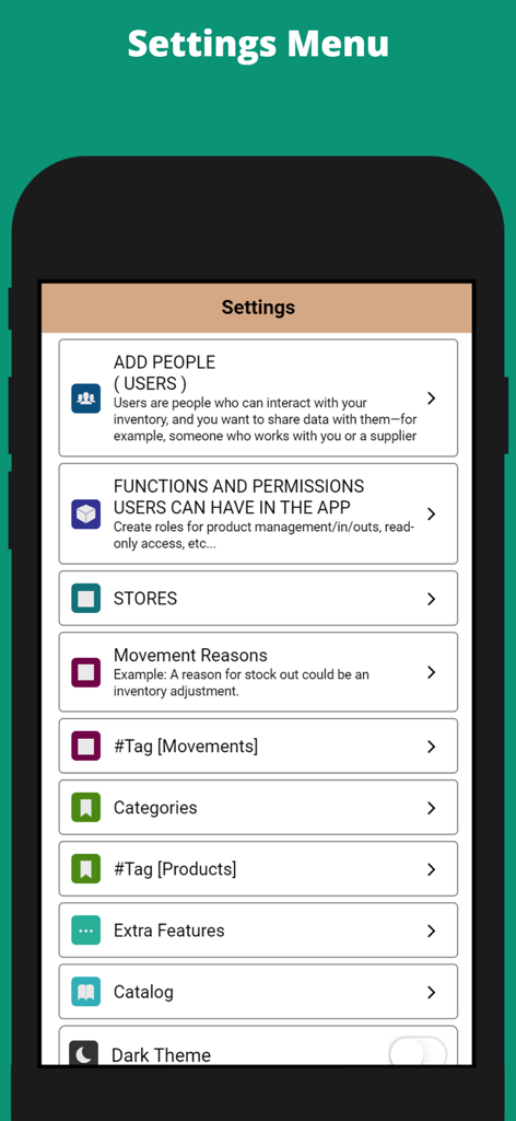 Stock Manager Online - Stock Manager Online app settings menu showing options for user management stores movement reasons and inventory categories
