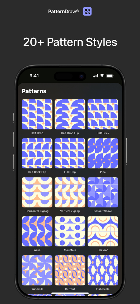 A smartphone screen showing multiple seamless pattern repeat styles in the PatternDraw app such as half drop and chevron