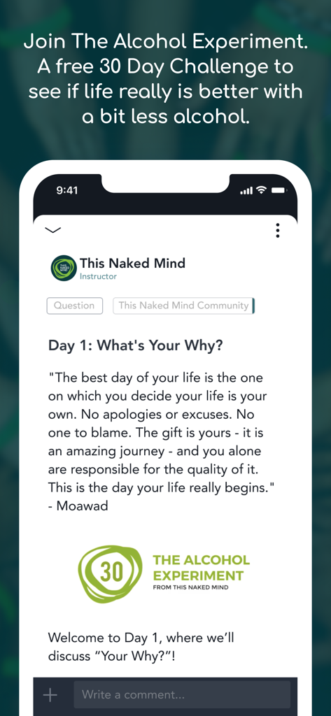 App-Bildschirm, der Tag 1 der 30-tägigen Herausforderung des Alkohol-Experiments zeigt.