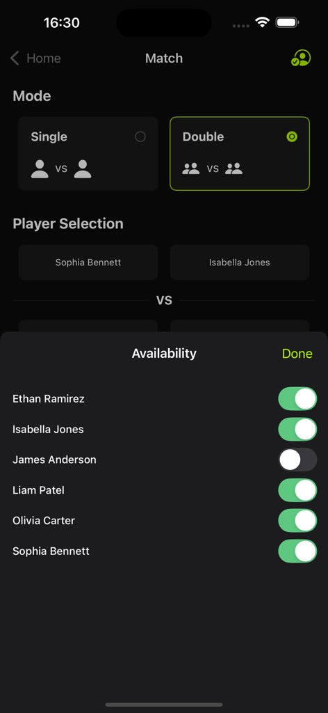 Foosball - Table Soccer - Foosballアプリのプレイヤー利用可能性選択画面。