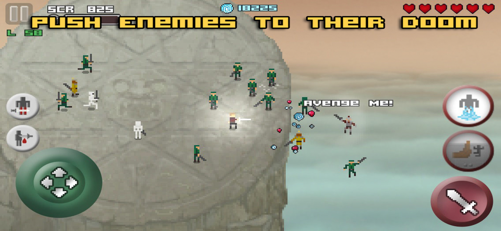 Only One - Only Oneのレトロピクセルアートゲームプレイ、プレイヤーが円形の石の柱から敵を突き落としている様子