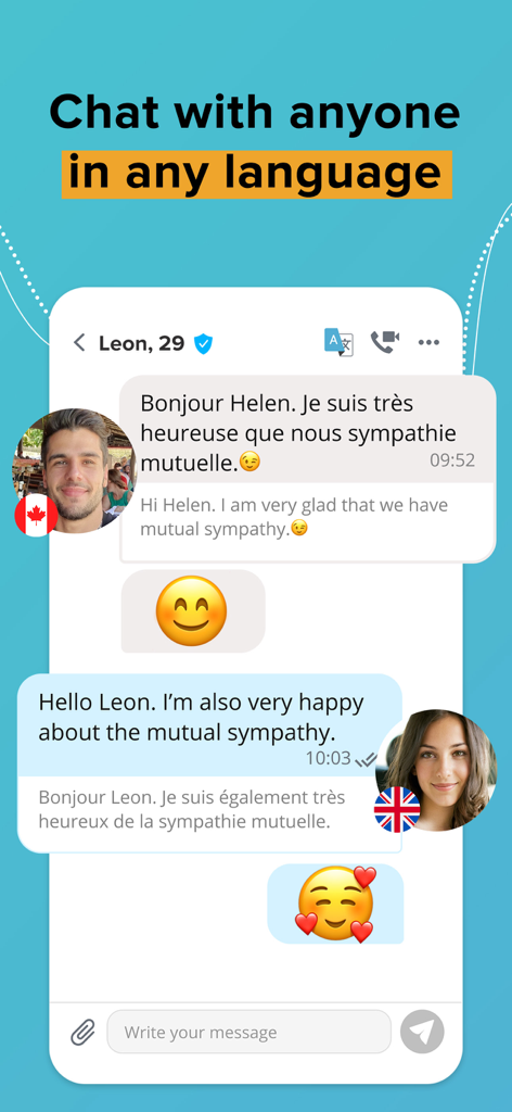 Bumpy app interface showing real-time language translation in an international chat between users.