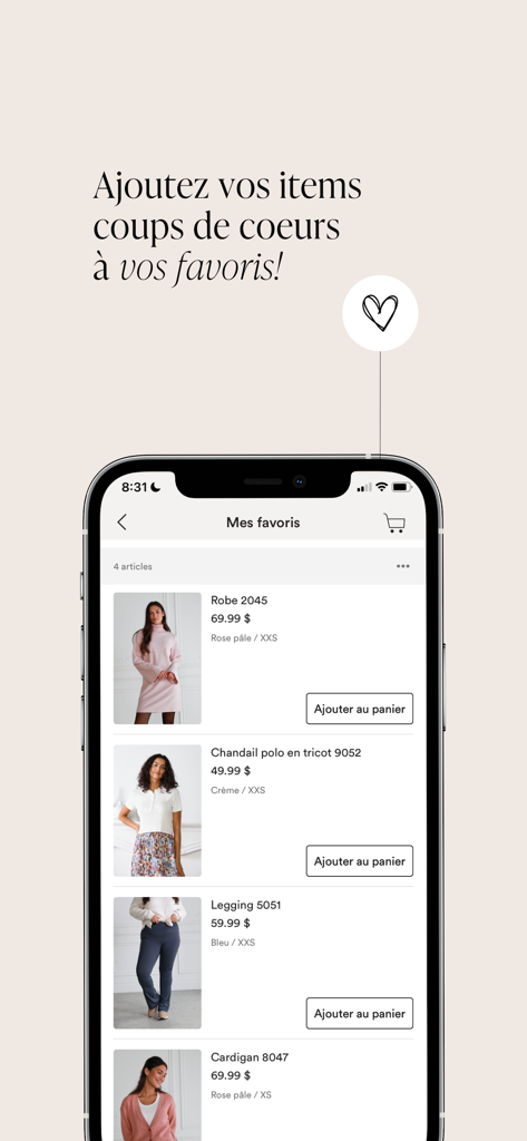 WOMANCE - A mobile interface of the Womance app showing a personalized list of favorite clothing items with prices and add to cart buttons.