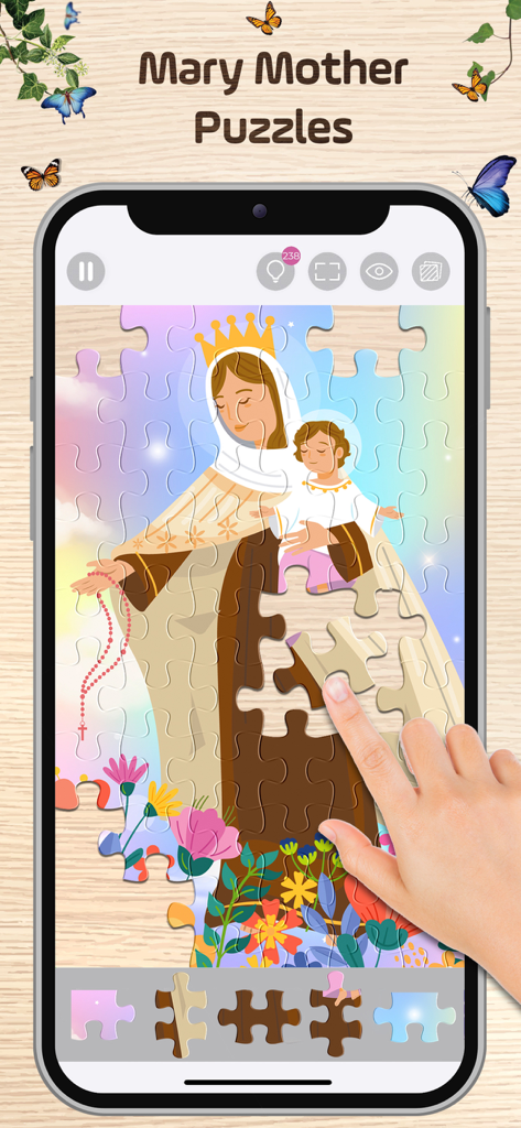 Rompecabezas digital de María Madre e hijo Jesús siendo resuelto en la pantalla de un smartphone.