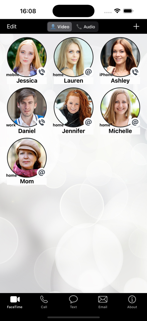 Interface of FaceDial PRO showing a grid of circular photo buttons for quick access to favorite contacts.
