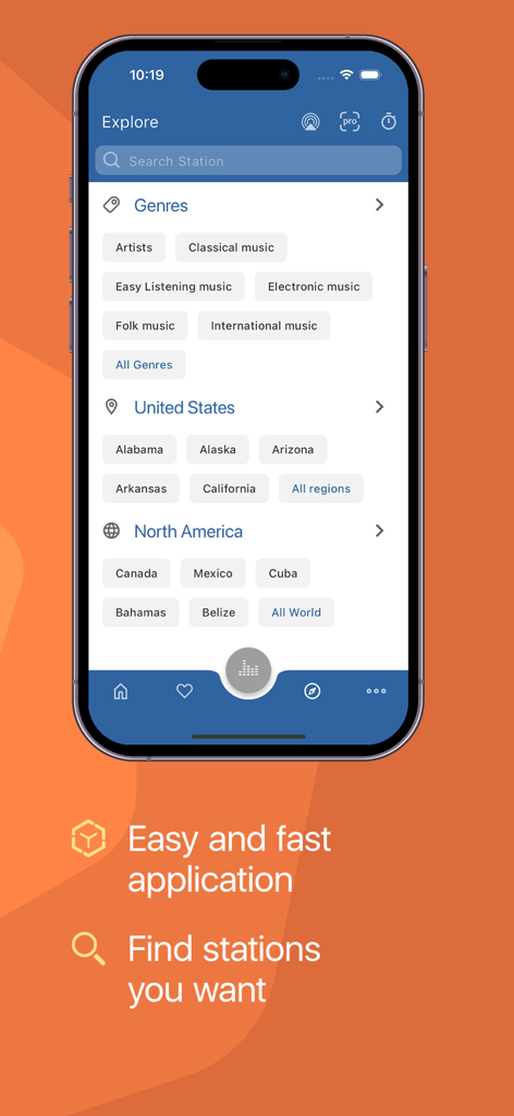 Online Radio Box: FM Radio App - Online Radio Box app interface displaying radio genres and regional station categories