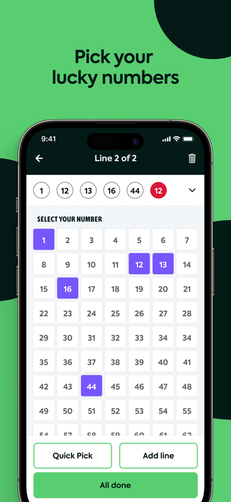 Jackpot Lottery App - Interface of the Jackpot Lottery App showing a user selecting lucky numbers from a grid for a lottery ticket.