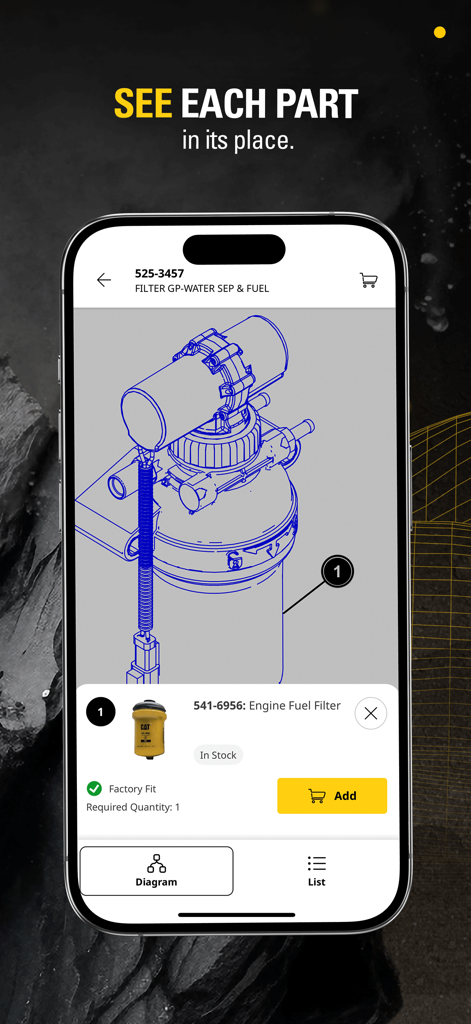 Cat® Central - L'application Cat Central affichant un diagramme technique de pièces et des détails sur le filtre à carburant du moteur avec une option d'ajout au panier